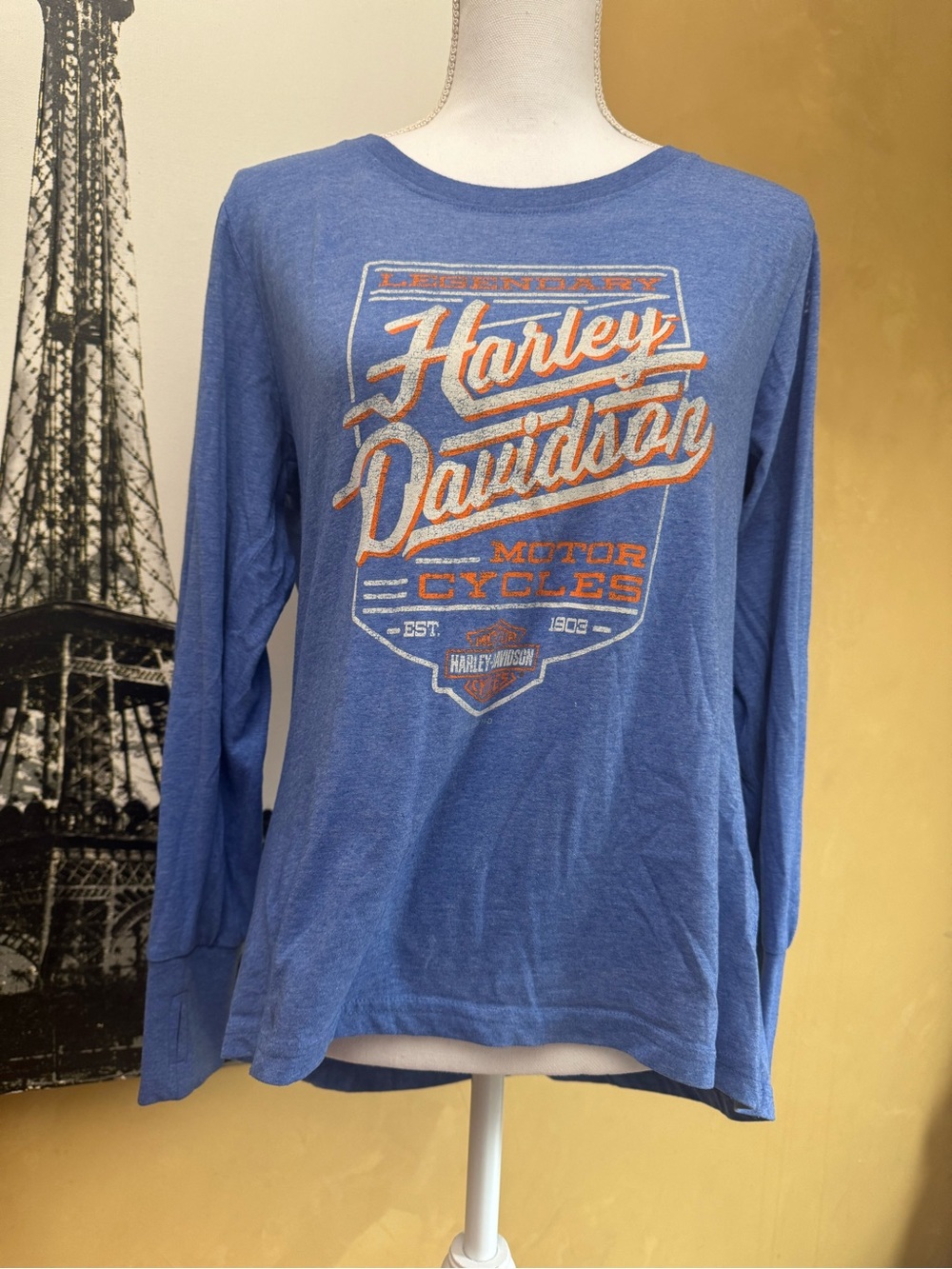 Harley-Davidson Blue Long Sleeve Tee with Orange & White Logo Graphic